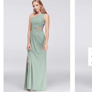 David’s Bidal Dusty Sage one shoulder floor length dress